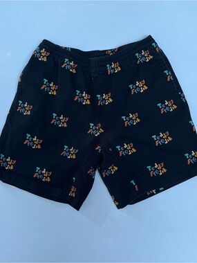 Teddy Fresh Men Retro Logo Black Camp Shorts Pockets Elastic Waist Size M Cotton